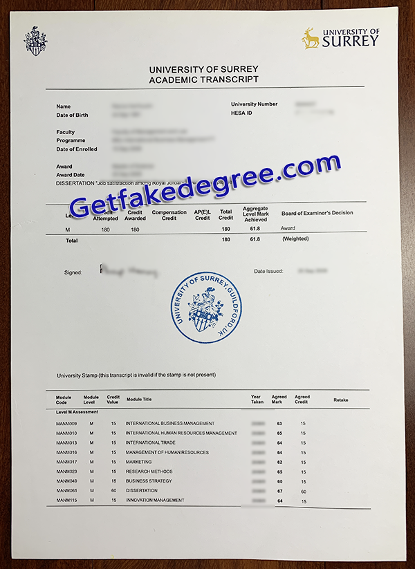 University of Surrey transcript, fake University of Surrey degree