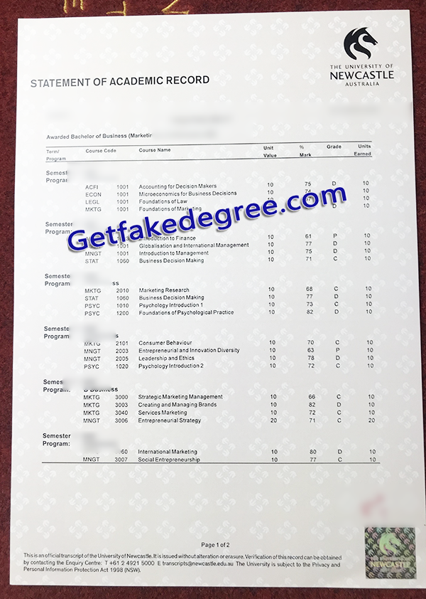 University of Newcastle transcript, University of Newcastle fake certificate