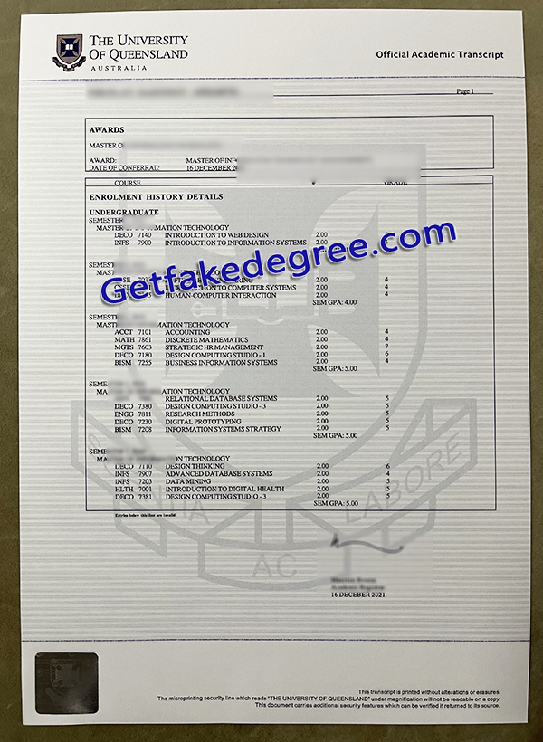 University of Queensland transcript, fake University of Queensland certificate