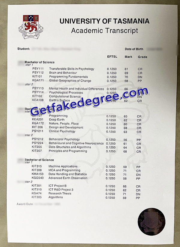 University of Tasmania transcript, fake University of Tasmania certificate