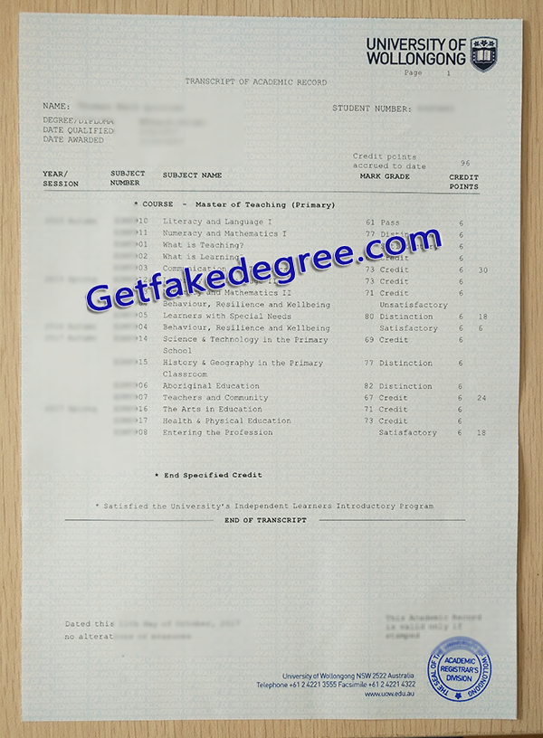 University of Wollongong transcript, fake University of Wollongong certificate