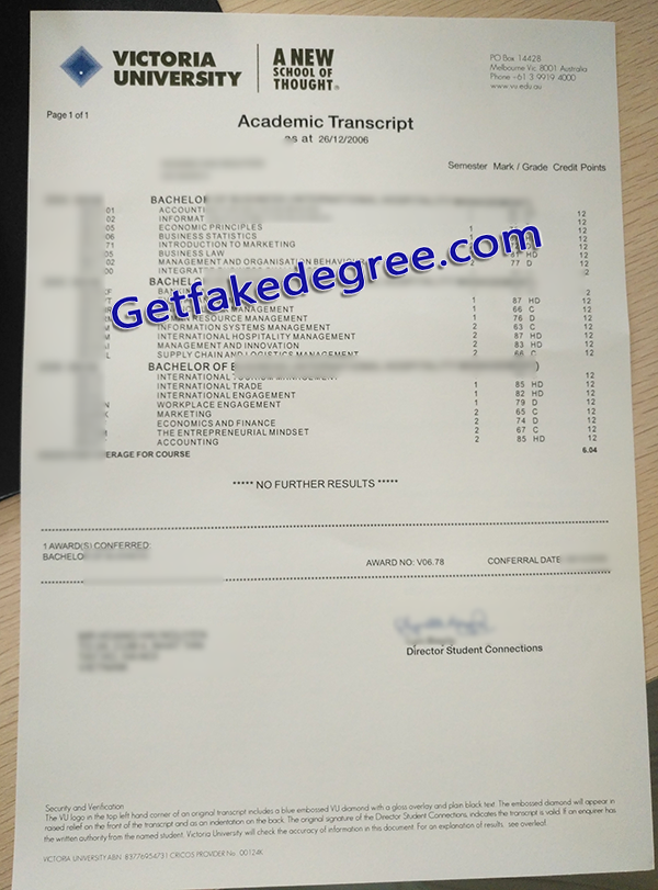 Victoria University transcript, fake Victoria University certificate