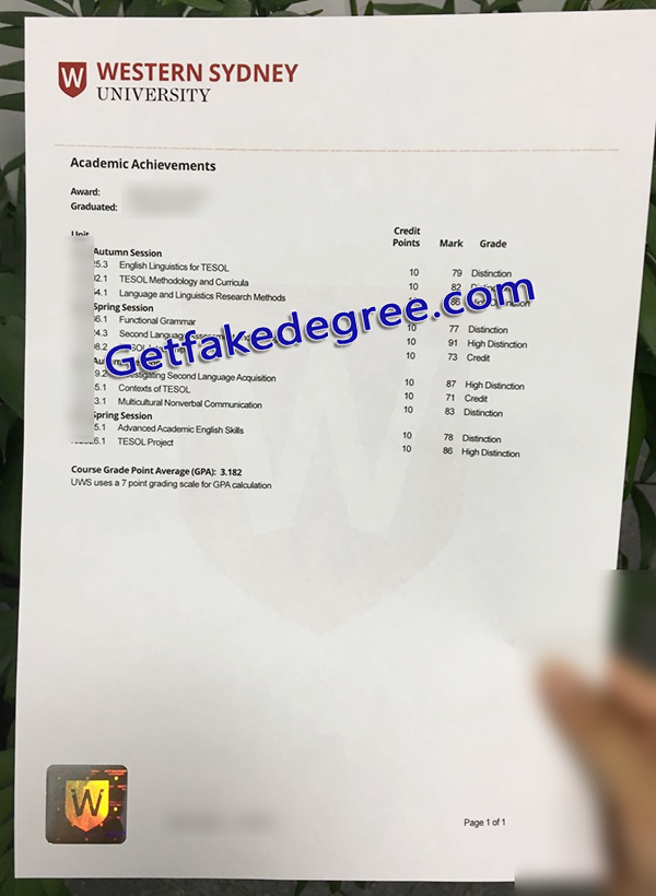 Western Sydney University transcript, fake Western Sydney University certificate