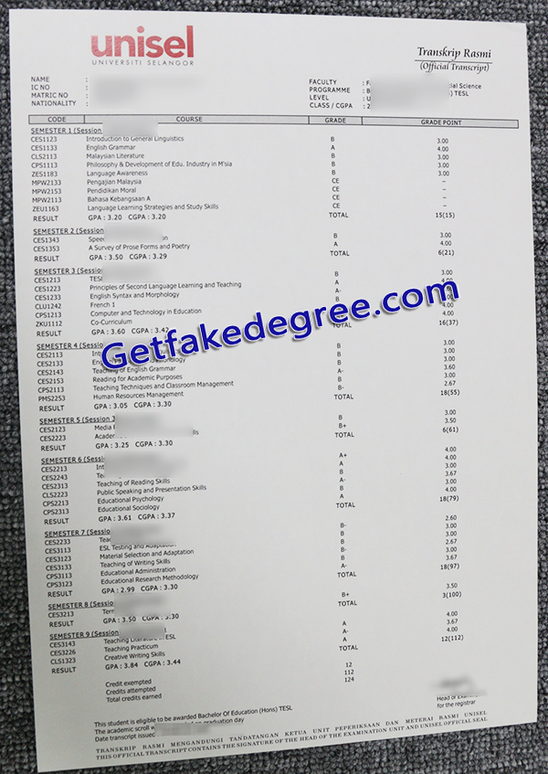 UNISEL fake transcript, University of Selangor transcript