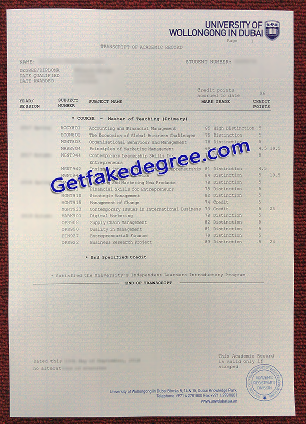 University of Wollongong in Dubai transcript, UOWD fake certificate
