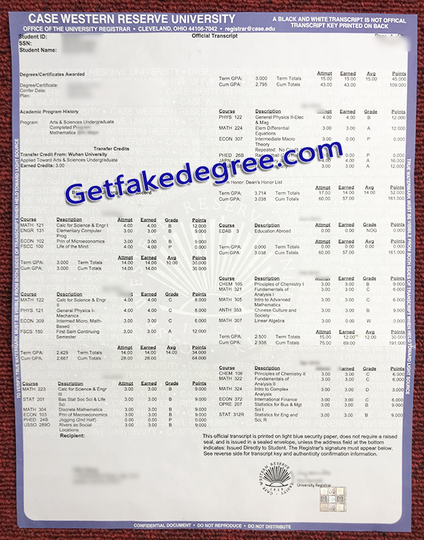 CWRU fake degree, Case Western Reserve transcript