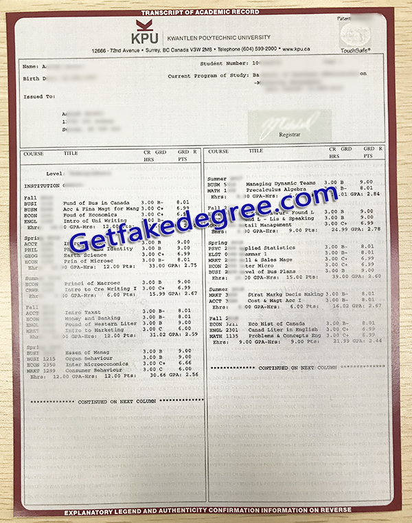 Kwantlen Polytechnic University transcript, KPU fake certificate