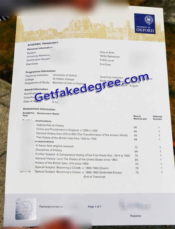 University of Oxford transcript, fake certificate