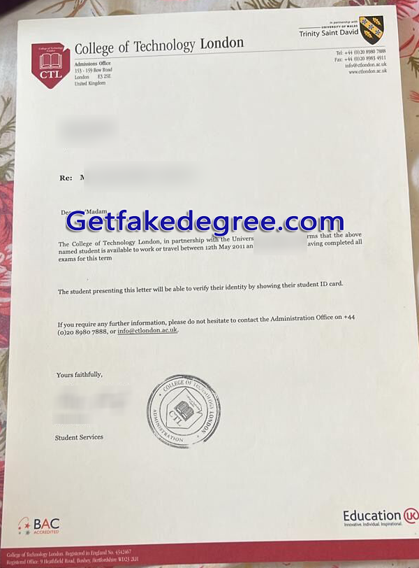 College of Technology London letter, fake CTL diploma