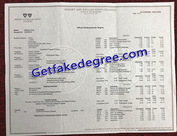 Hobart and William Smith Colleges transcript, fake degrees