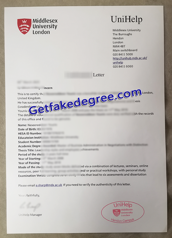 Middlesex University degree, fake Middlesex University letter 