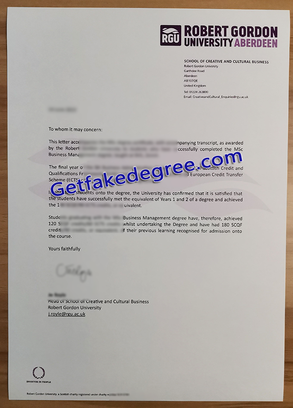 RGU fake letter, Robert Gordon University degree letter 
