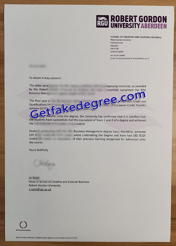 RGU fake letter, Robert Gordon University degree letter