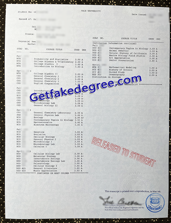 Yale University certificate, fake Yale University transcript