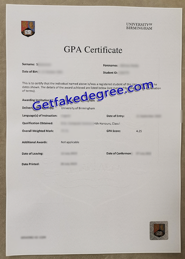 GPA certificate, University of Birmingham diploma 
