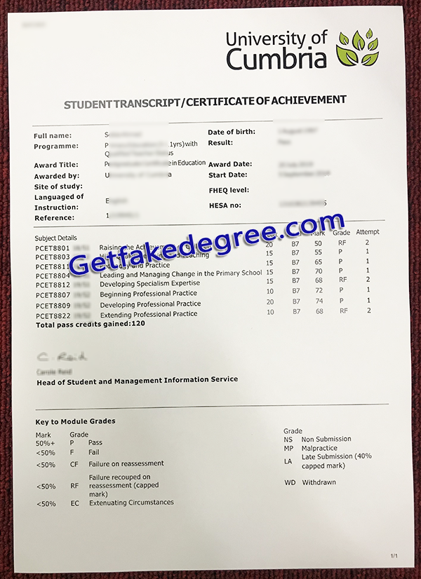 University of Cumbria certificate, University of Cumbria transcript