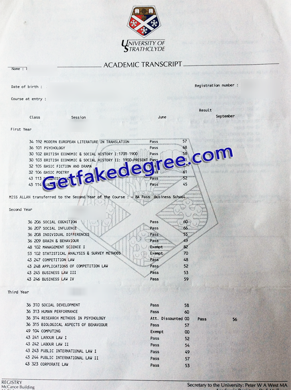 University of Strathclyde diploma, University of Strathclyde transcript