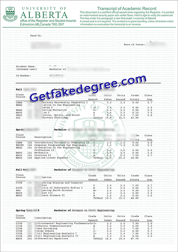 University of Alberta transcript, University of Alberta diploma