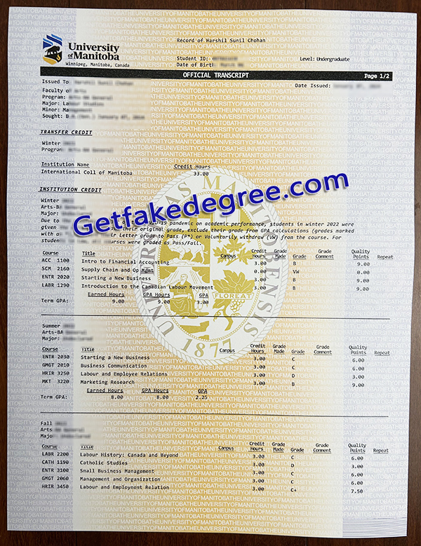 University of Manitoba transcript, University of Manitoba degree