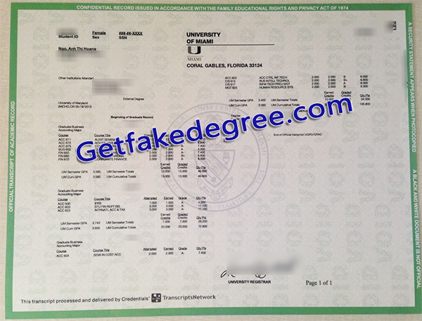 University of Miami transcript, University of Miami certificate