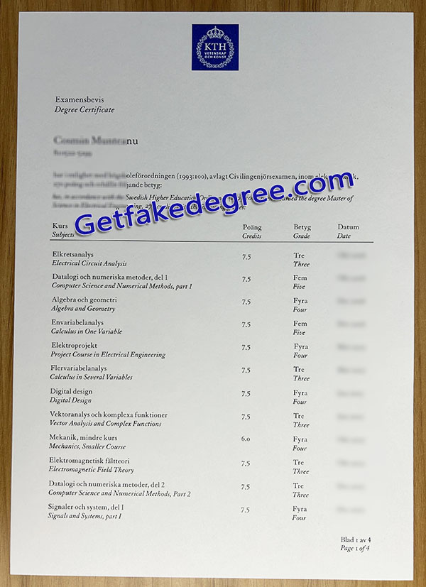 KTH Royal Institute of Technology transcript, KTH certificate