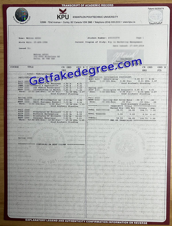 KPU certificate, Kwantlen Polytechnic University transcript