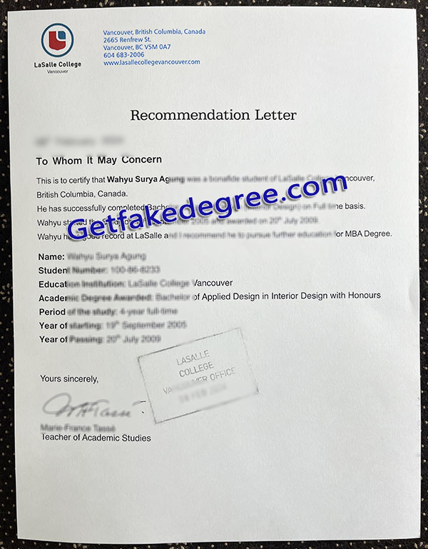 LaSalle College Vancouver letter, LCV diploma