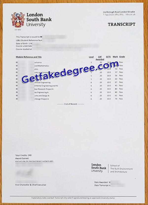 London South Bank University certificate , LSBU transcript