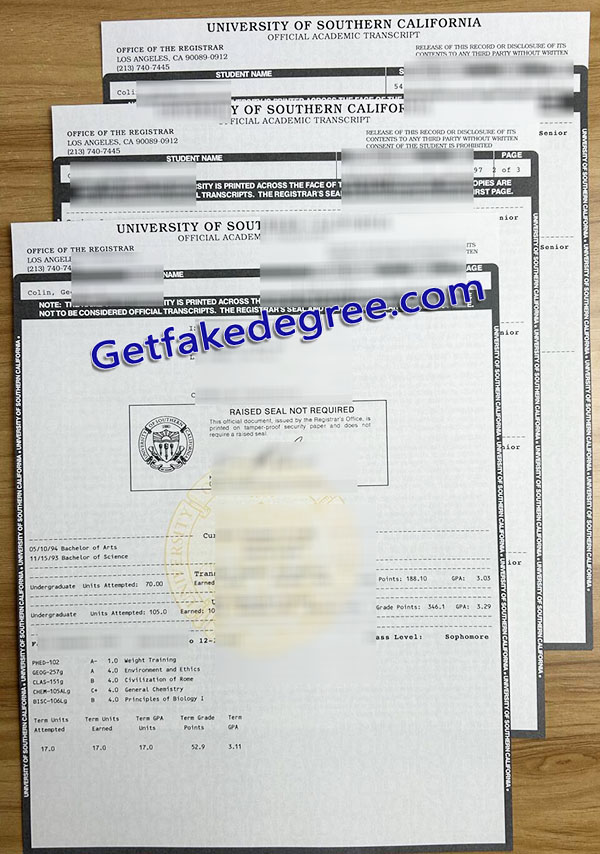 University of Southern California transcript, USC certificate