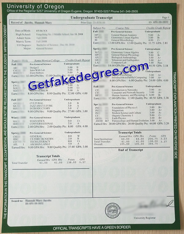 University of Oregon transcript