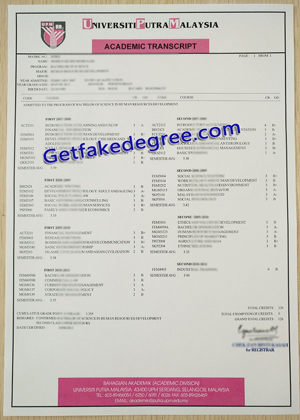Universiti Putra Malaysia transcript