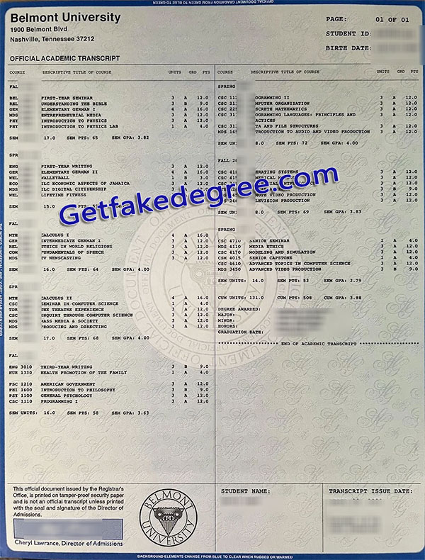Belmont University transcript