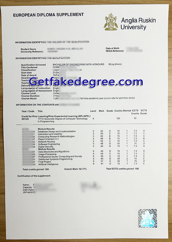 Anglia Ruskin University transcript