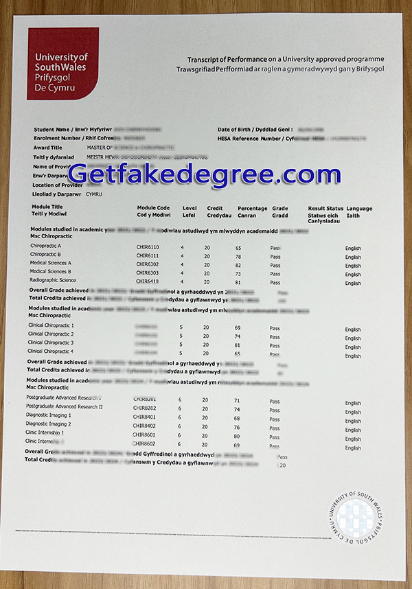 University of South Wales transcript